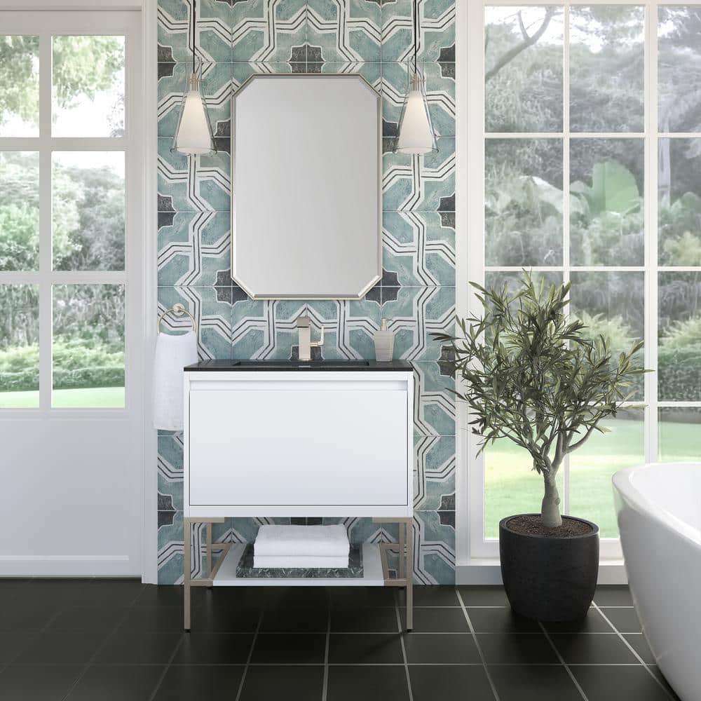 Glossy White and Brushed Nickel Freestanding Single Vanity Base Cabinet