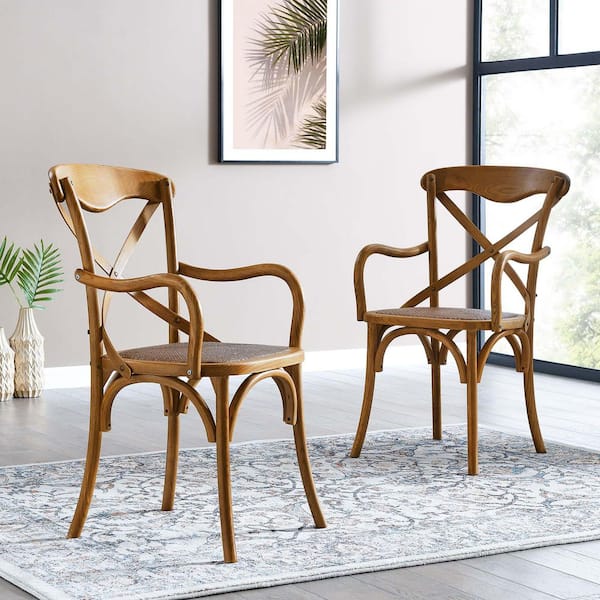 Gear Rustic Modern Farmhouse Elm Wood Rattan 2-Dining Armchairs in Walnut