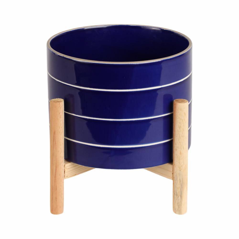 Navy Ceramic Striped Planter (8 in. W x 6 in. H) with Wood Stand price history on PriceWatchPro