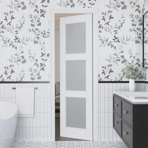 24 in. x 80 in. 3-Lite Tempered Frosted Glass and Solid Core Manufacture Wood White Primed Interior Door Slab