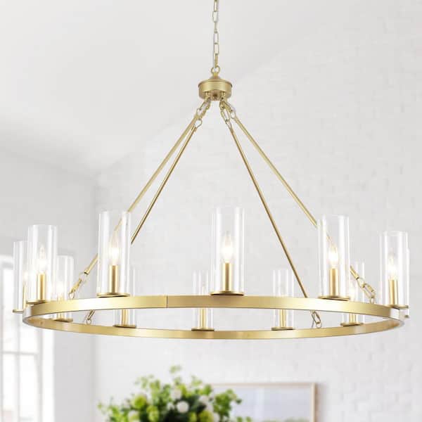 12-Light Gold Circle Candlestick Wagon Wheel Chandelier Linear Island Chandelier Lighting for Kitchen Island