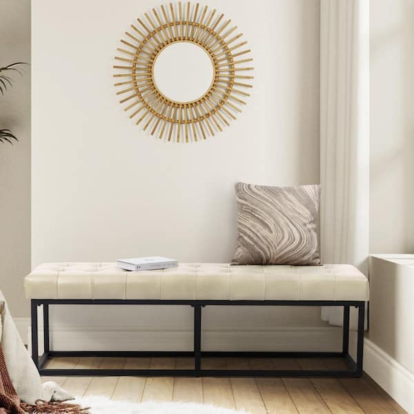 JAYDEN CREATION Gabino Beige 60 in. Genuine Leather Bedroom Bench with Metal Base
