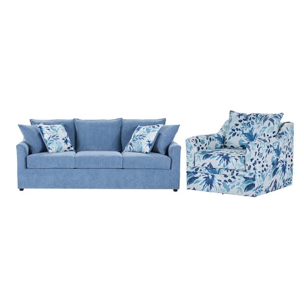 New Classic Furniture Sylvie 2-piece Blue and White Polyester Living Room Set with Couch and Accent Armchair Set