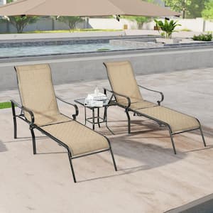 Black 3-piece Metal Outdoor Chaise Lounge with 5 Adjustable Backrest and Coffee Table
