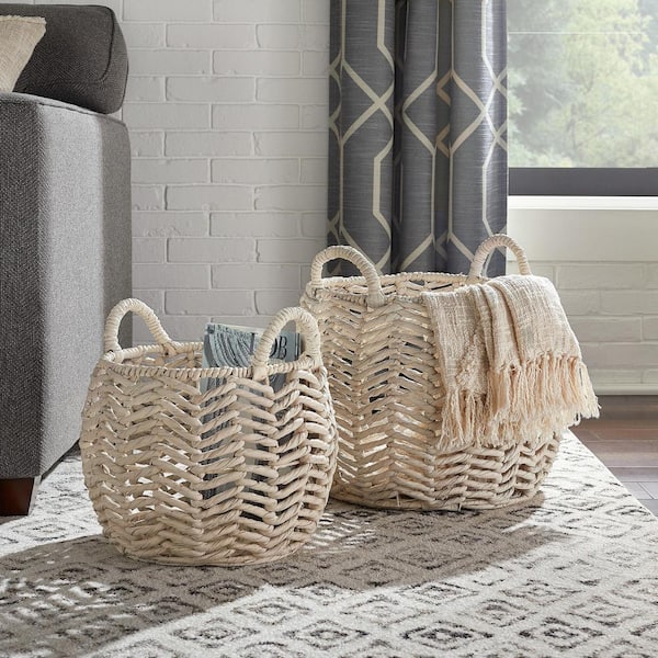 StyleWell Ivory Round Water Hyacinth Decorative Basket with