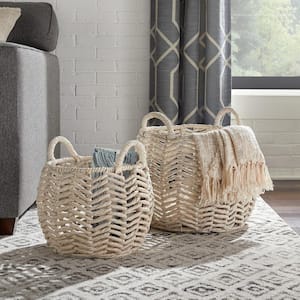 Ivory Round Water Hyacinth Decorative Basket with Handles (Set of 2)