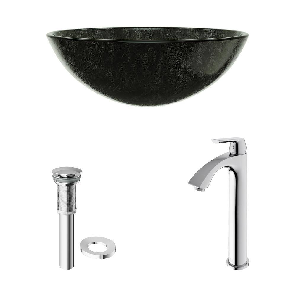 Gray Onyx Round Glass Vessel Sink with Chrome Faucet