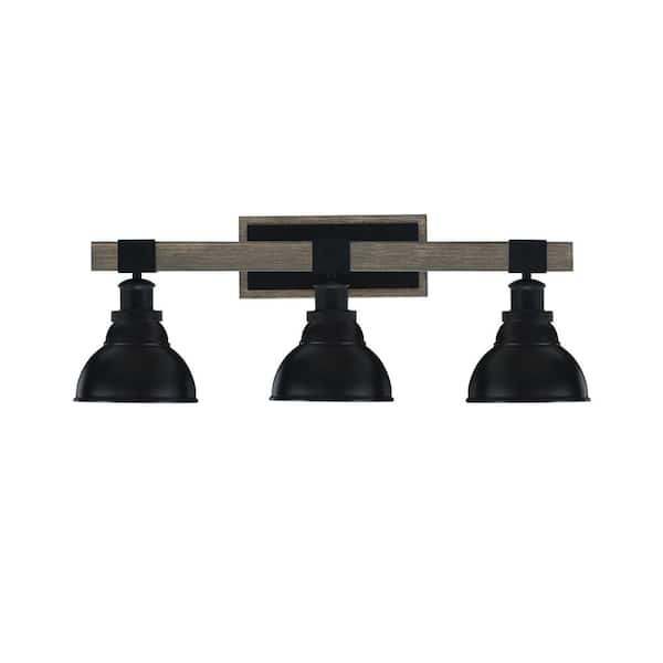 Unbranded Richmond 27.25 in. 3-Light Vanity Light Black and Painted Wood-look Metal with 7 in. Black Metal Shade no bulbs included