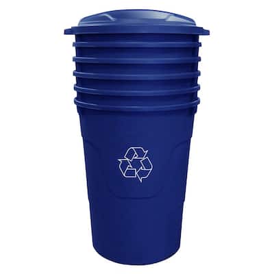 32 Gal. Blue Round Multi-Purpose Plastic Trash Can with Recycling Logo and Blue Lid