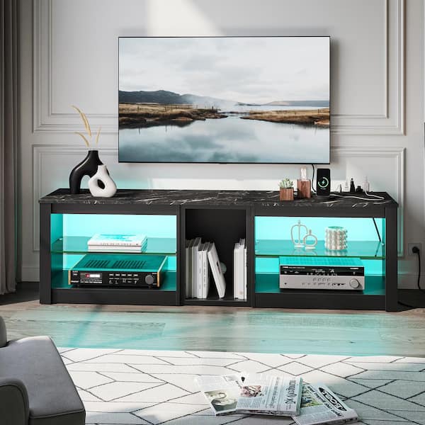 Bestier 63 in. Black Marble TV Stand Fits TVs up to 70 in. LED Entertainment Center with Power Outlets and Glass Shelves