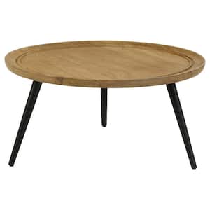 36 in. Natural and Black Round Wood Top Coffee Table with Trio Legs