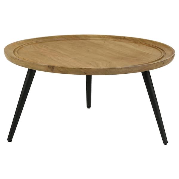 Coaster 36 in. Natural and Black Round Wood Top Coffee Table with Trio Legs