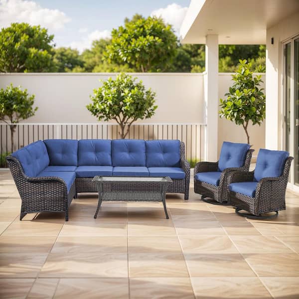 5-Piece Brown Wicker Patio Conversation Set with Olefin Blue Cushion/L-Shaped Sofa with Coffee Table/Swivel Patio Chairs