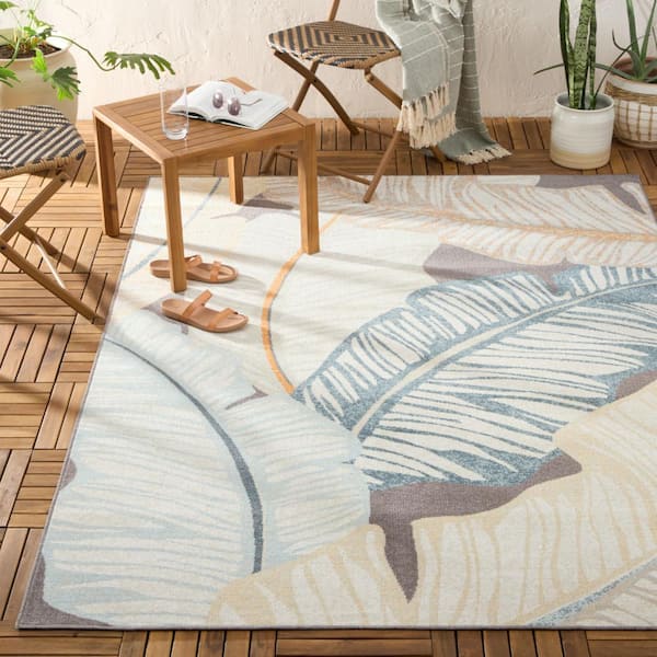 Cay Palm Fronds Dark Grey 5 ft. x 7 ft. Indoor Outdoor Area Rug