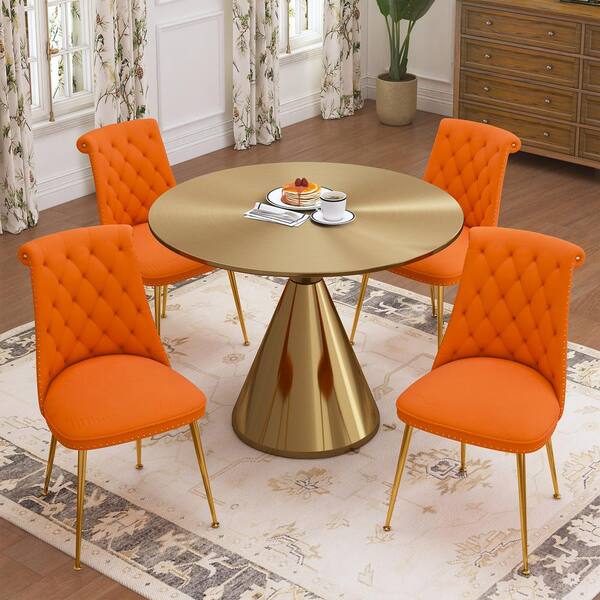 Boyel Living 5-Piece Round Gold MDF Top Table Set Seats 4 (4-Orange Dining Chairs)