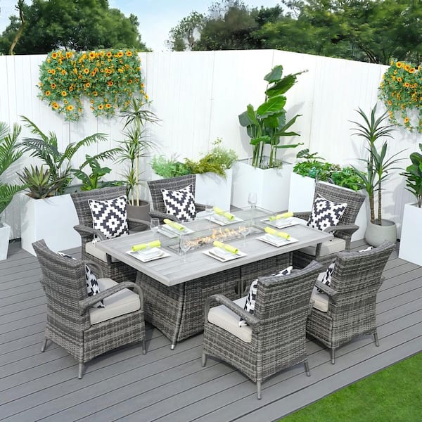 Gray 7-Piece Wicker Patio Fire Pit Conversation Set with Gray Cushions
