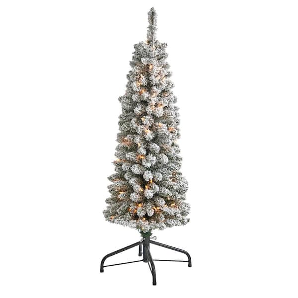 Nearly Natural 4 ft. Flocked Pencil Artificial Christmas Tree with 100 Clear Lights and 216 Bendable Branches
