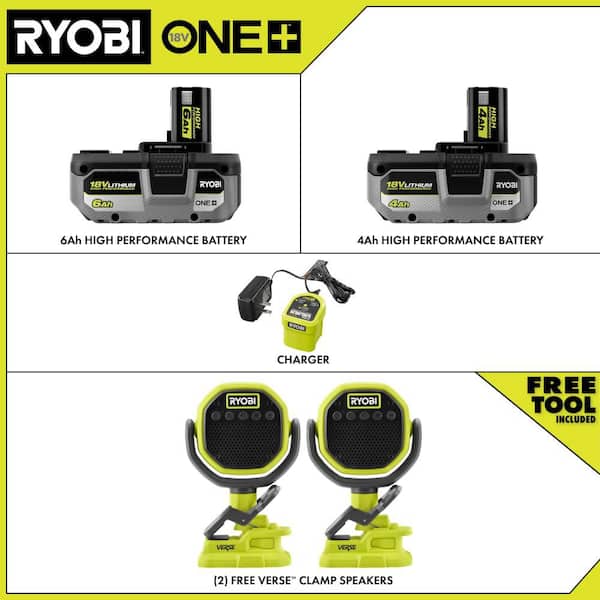 ONE+ 18V Lithium-Ion HIGH PERFORMANCE Kit w/ 4 Ah Battery, 6 Ah Battery, Charger, & FREE ONE+ VERSE Clamp Speaker (2-Pk)