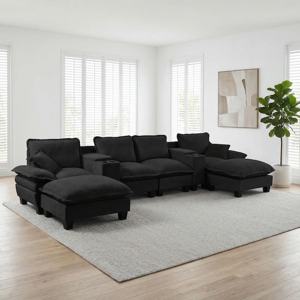Pearl 155.1 in. 8-Piece Chenille Modular Cloud Sectional Sofa in Black with 2 Ottomans, Storage Consoles, USB Ports