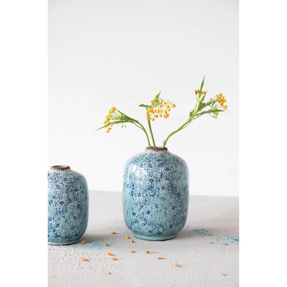 Distressed Blue Ceramic Floral Bouquet Vase 6.5" H