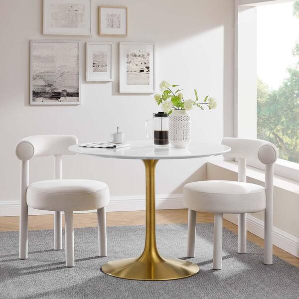 MODWAY Lippa Round Modern Gold White Wood 40 in. Pedestal Dining Table with Seating Capacity of 2