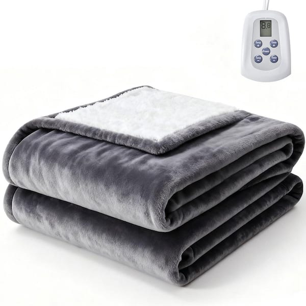 Gray Flannel Sherpa Fabric Full Electric Blanket with Dual Zone Control, 10-Heat Settings and Auto-Off