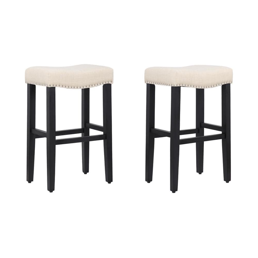 Antique White Beige Wood 29" Backless Saddle Counter Stool