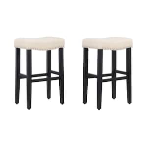 Jameson 29 in. Bar Height Black Wood Backless Barstool with Upholstered Beige Linen Saddle Seat Stool (Set of 2)