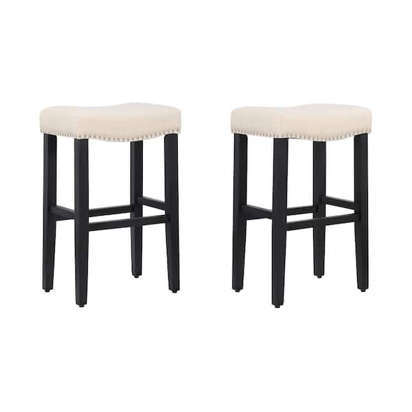 WESTINFURNITURE Jameson 29 in. Bar Height Black Wood Backless Barstool with Upholstered Beige Linen Saddle Seat Stool (Set of 2)