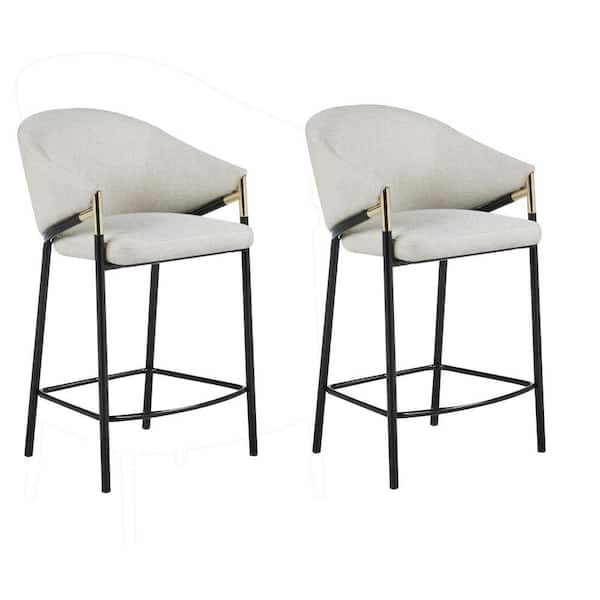Benjara 29.75 in. Beige and Black Low Back Metal Frame Counter Stool with Fabric Seat