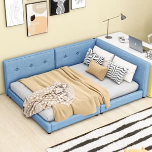 Button-Tufted Blue Wood Frame Queen Size Linen Upholstered Platform Bed, Daybed with USB Ports
