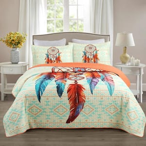 ME502 Printed Orange/Multi Dream Catcher and Feather King Polyester Quilt Bedspread Set