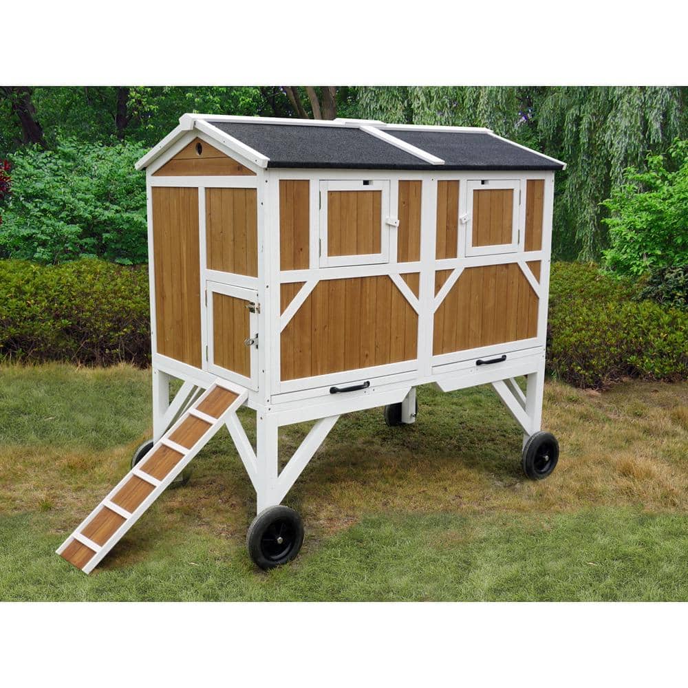 Natural Wood and White Free-Range Chicken Coop with Wheels