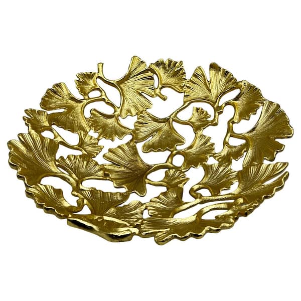 Gold 14.5 in. x 14.5 in. Aluminum Metal Decorative Modern Leaf Metal Tray