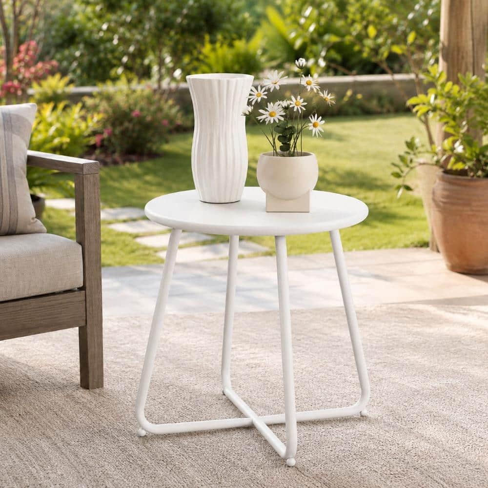 Yangming 18 in. White Steel Small Round Outdoor/Indoor Patio Side
