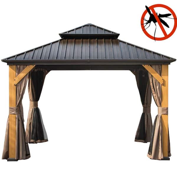 12 ft. x 12 ft. Brown Outdoor Cedar Wood Frame Canopy with Galvanized Steel Double Roof Hardtop Gazebo with Curtains