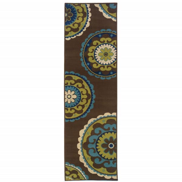 Brown 2 ft. x 8 ft. Loomed Oriental Polypropylene Rectangle Indoor/Outdoor Area Rug