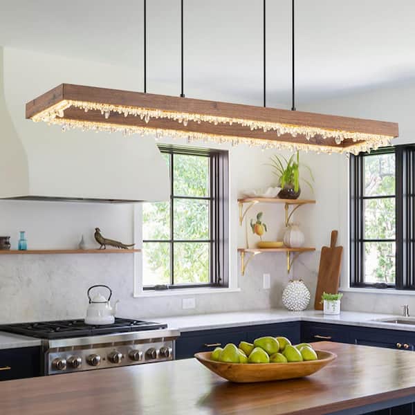 Angelo 1-Light Farmhouse Integrated LED Linear Wood Brown Crystal Chandelier Kitchen Island Pendant Light