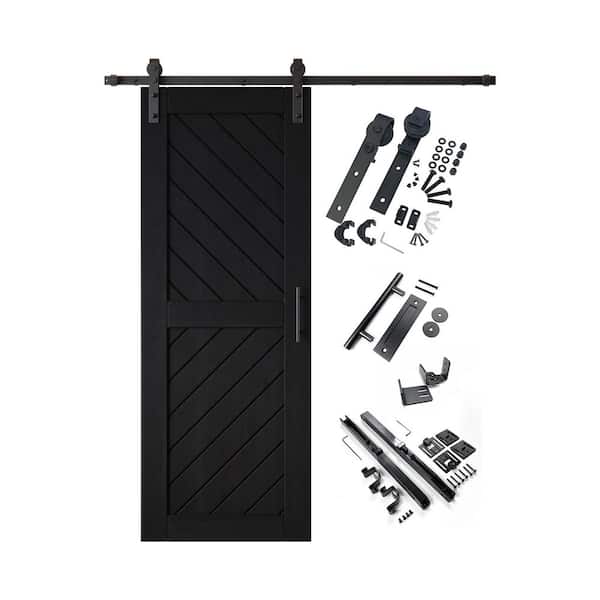 XT4 26 in. x 80 in. C-Panel Black Slanted Stripe Design Solid Pine Wood Sliding Barn Door with Hardware Kit