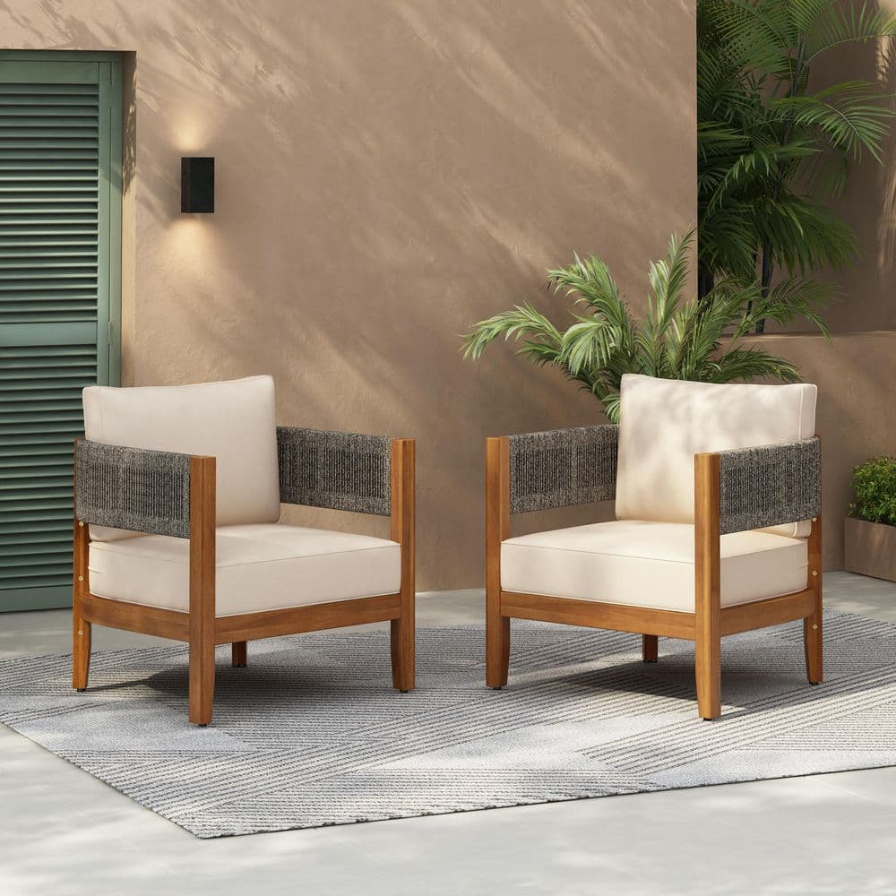 Zanna Modern Teak Finish Acacia Wood and Rope Woven Patio Outdoor Lounge Chair with Beige Cushions, Curved Back,Set of 2 price history on PriceWatchPro