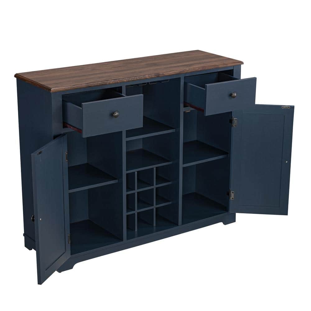 Navy Blue 47" Wood Bar Cabinet with Wine Rack and Nickel Knobs