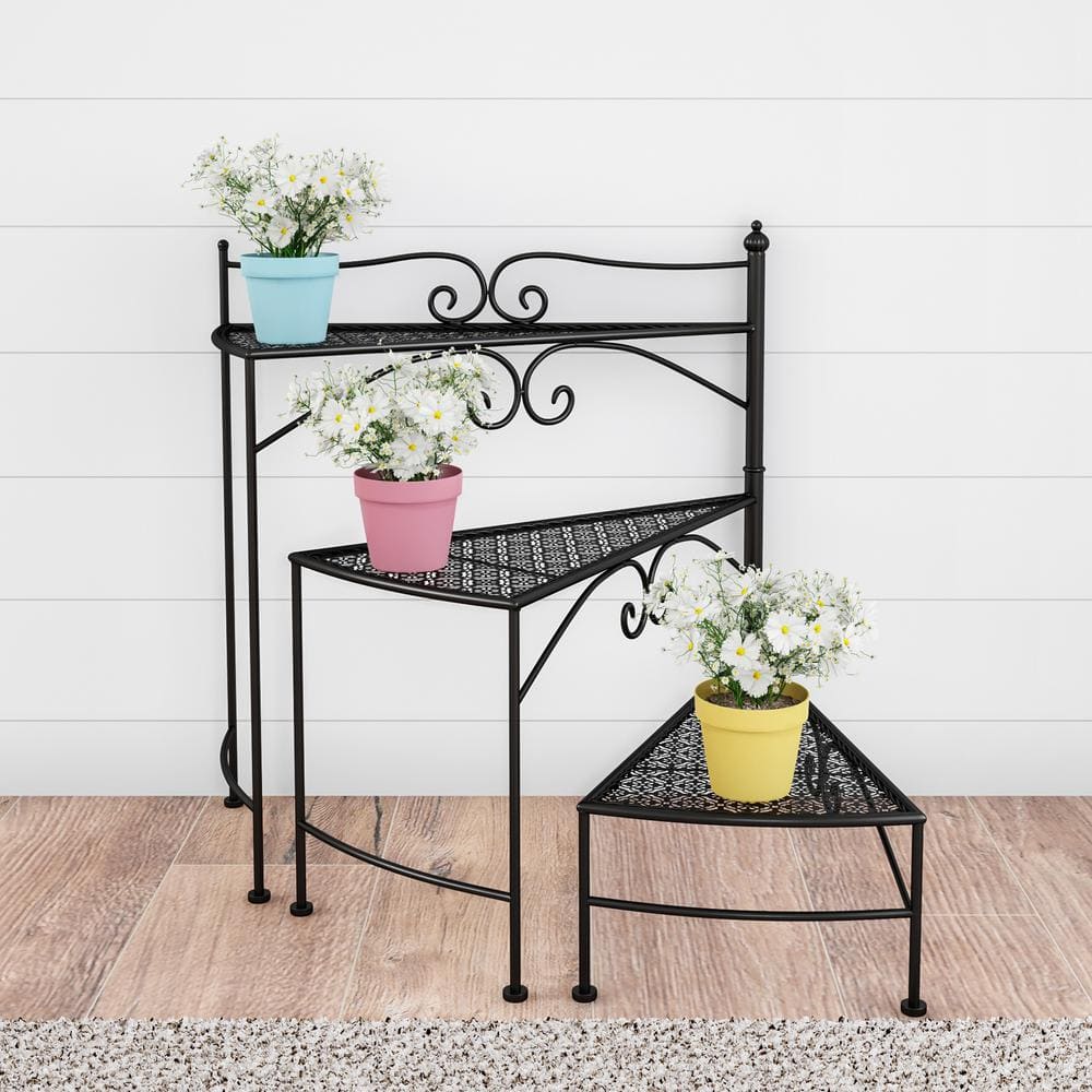 Black Metal 3-Tier Folding Spiral Stair Plant Stand