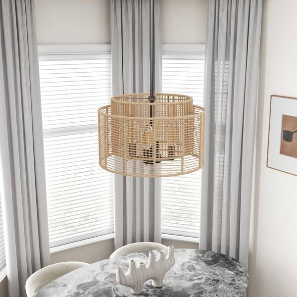 aiwen 14.76 in. 4-Light Boho Hand Woven Rattan Black Chandelier