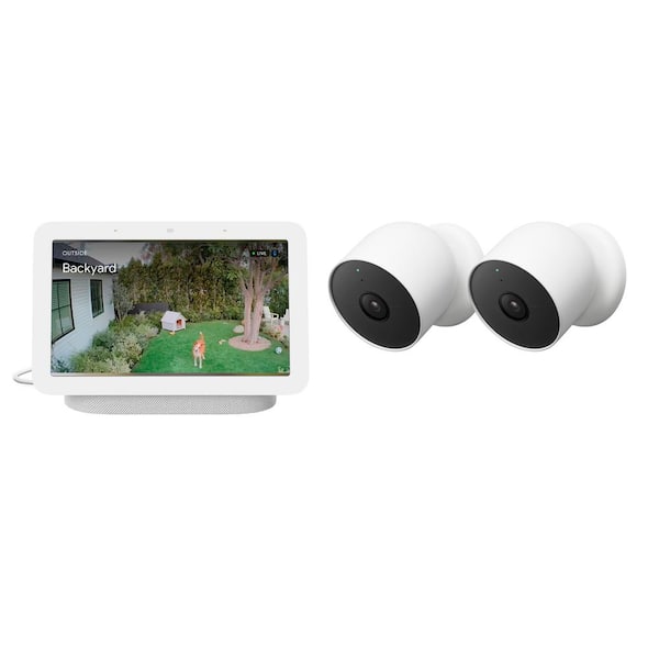 Google Nest Cam (Battery) Indoor &Outdoor Wireless Smart Home Security Camera 2-Pack+Nest Hub 2nd Gen 7 in. Smart Display Chalk