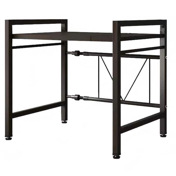 Extendable Microwave Oven Rack with Adjustable Shelf and 6 Hooks, Heavy Duty Kitchen Microwave Stand with Storage Space