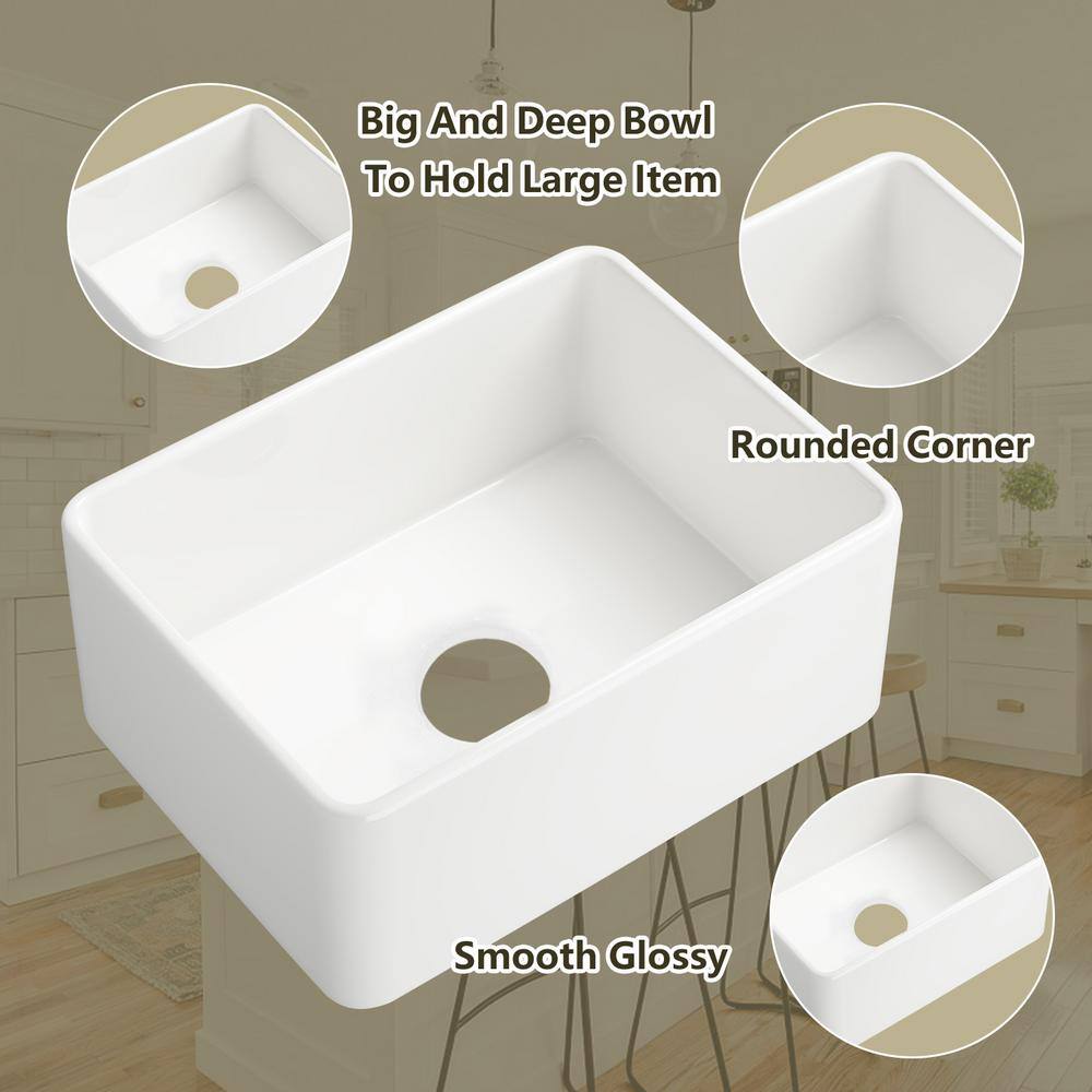 24'' White Fireclay Farmhouse Apron-Front Kitchen Sink