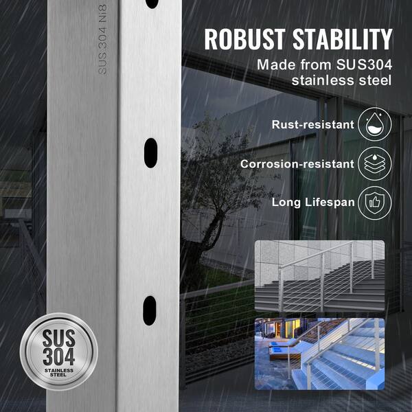 VEVOR Cable Railing Post 36 in. L x 2 in. W x 2 in. H Steel 30° Hole Stair Post SUS304 Stainless Steel Cable Rail Post Silver