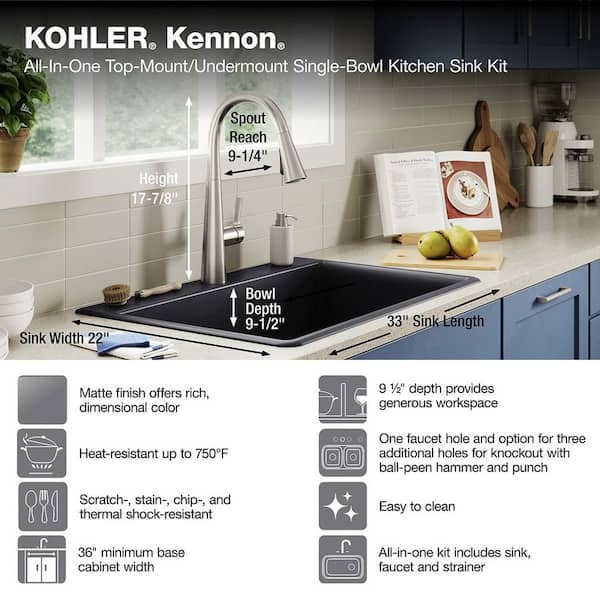 KOHLER Neoroc 22-in x 33-in Matte Black Single Bowl Drop-In or Undermount 2-Hole Commercial/Residential Kitchen Sink All-in-One Kit KOHLER Neoroc 22-in x 33-in Matte Black Single Bowl Drop-In or Undermount 2-Hole Commercial/Residential Kitchen Sink All-in-One Kit
