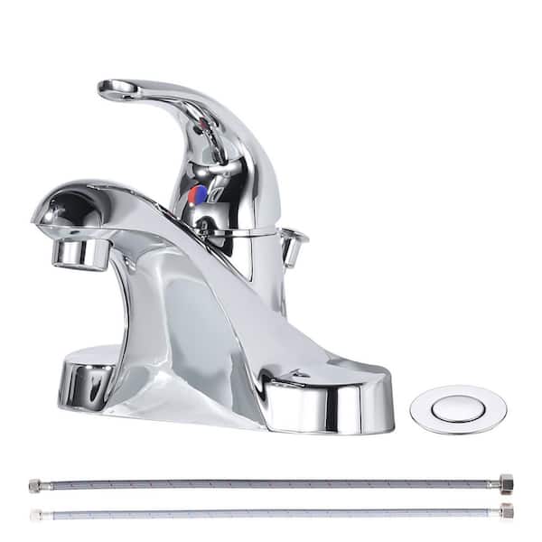 Modern 4 in. Centerset Single Handle Bathroom Faucet, Low Arc Basin Faucet with Lift Rod Drain Kit in Polished Chrome