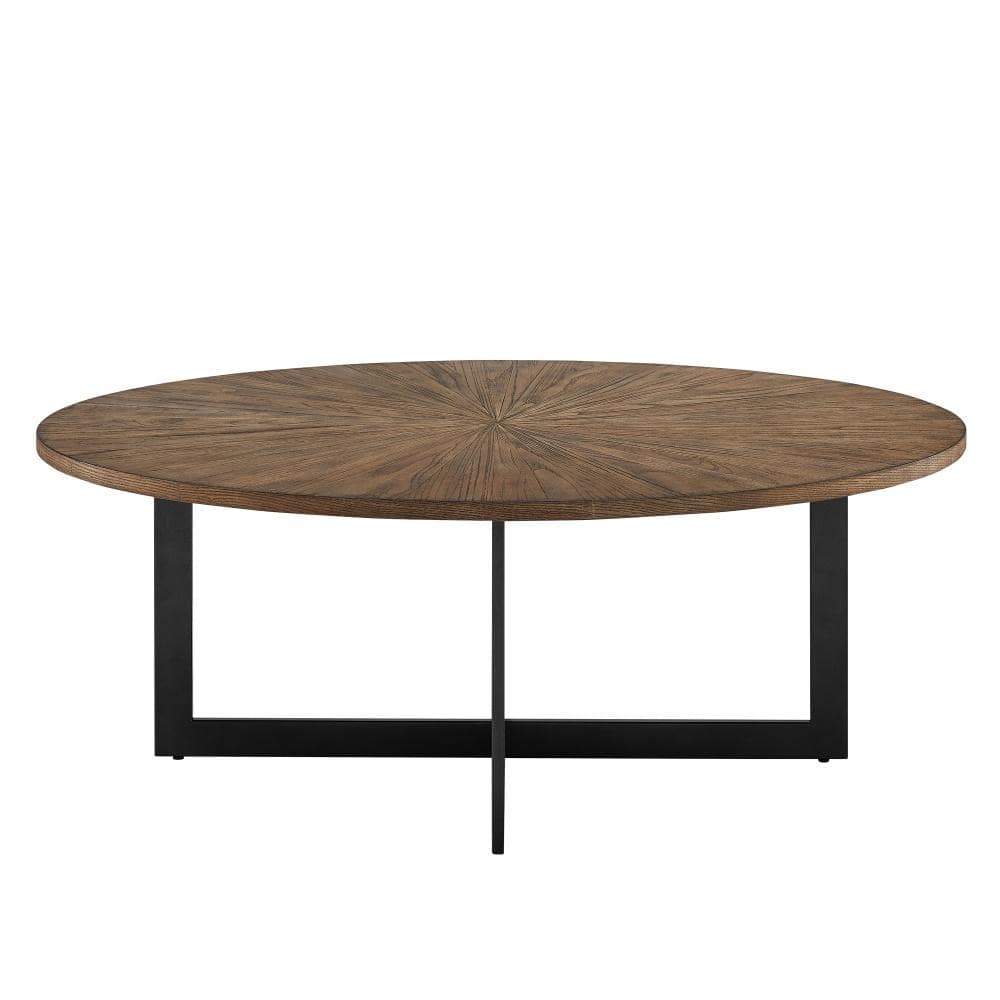 Industrial Oval Coffee Table with Sunburst Ash Veneer and Iron Base